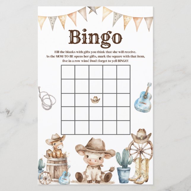 Papier Notre Petit Cowboy Baby shower Cactus Jeu de Bingo (Devant)