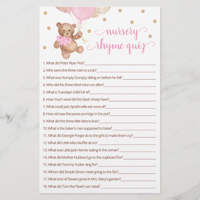 Papier Nourrisson Rhyme Quiz Jeu Baby shower Teddy Bear (Devant)