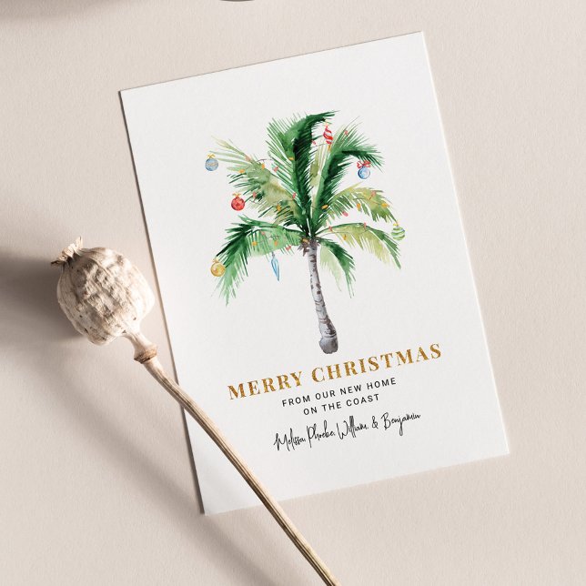 Papier Nous avons déménagé les fêtes de Noël Déménager Fa (Palm Trees Christmas Holidays Coastal Moving Announcement Postcard)