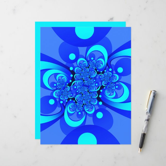 Papier Nuances de bleu Art fractal abstrait moderne (Devant/Arrière en situation)