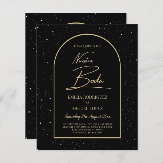 Papier NUESTRA BODA BLACK OR étoile INVITATION de nuit (Devant / Derrière)