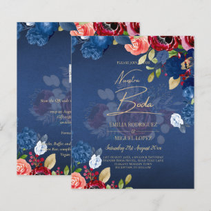 Papier NUESTRA BODA Bourgogne Bleu Floral Faire-Part de M