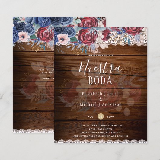 Papier Nuestra Boda Burgundy Blue Floral Lace INVITATION (Devant / Derrière)