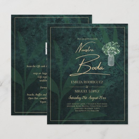 Papier NUESTRA BODA Emerald Green Gold Gypsophila INVITAT (Devant / Derrière)
