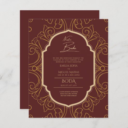 Papier Nuestra Boda Gold Frame Mariage espagnol INVITE (Devant / Derrière)