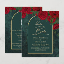 NUESTRA BODA Green Gold RED Roses INVITATION d'hiv