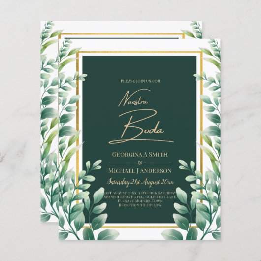 Papier Nuestra Boda Invitacion Vert Or (Devant / Derrière)