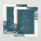 Papier NUESTRA BODA Peacock Blue Gold Wedding Invitation (Devant / Derrière)