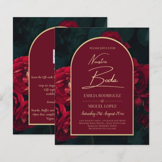 Papier NUESTRA BODA Red Roses Forest Green INVITATION d'h (Devant / Derrière)