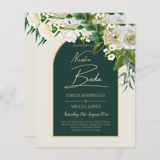 Papier NUESTRA BODA Vert Or Blanc Roses INVITATION d'hive (Devant / Derrière)
