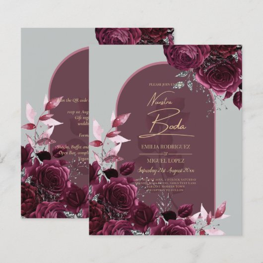 Papier NUESTRA BODA Vin Roses rouges INVITATIONS (Devant / Derrière)