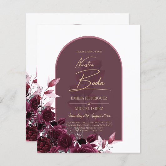 Papier NUESTRA BODA Vin Roses rouges INVITATIONS (Devant / Derrière)