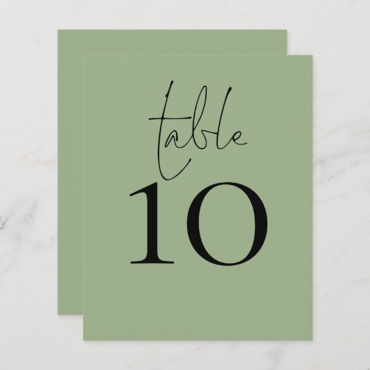 Papier Numéro de table de mariage vert sauge script (Devant / Derrière)