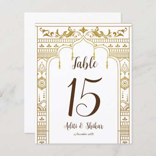 Papier Numéro de table Mandap d'or avec les noms de coupl (Devant / Derrière)
