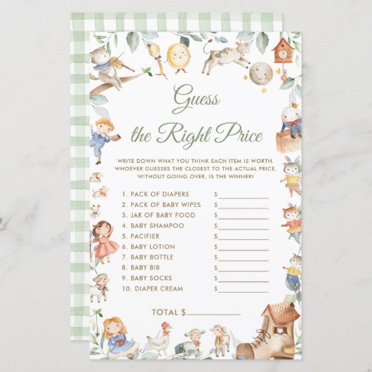 Papier Nursery Rhyme Devinez Prix Juste Baby shower Jeu (Devant / Derrière)