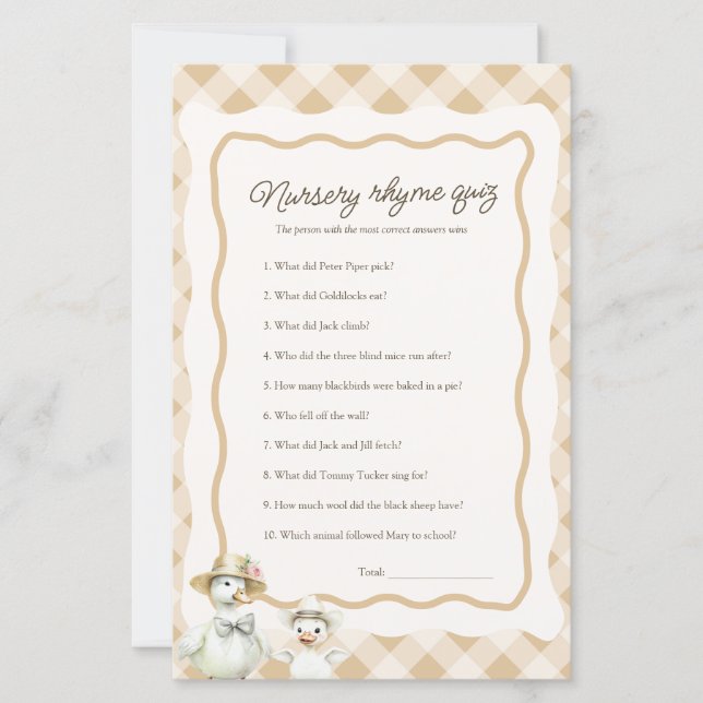 Papier Nursery Rhyme Quiz Goose Thème Baby shower Jeu (Devant)