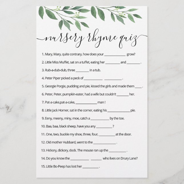 Papier Nursery Rhyme Quiz jeu de Baby shower avec réponse (Devant)