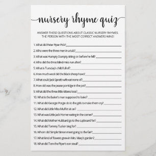 Papier Nursery Rhyme Quiz jeu de Baby shower avec réponse