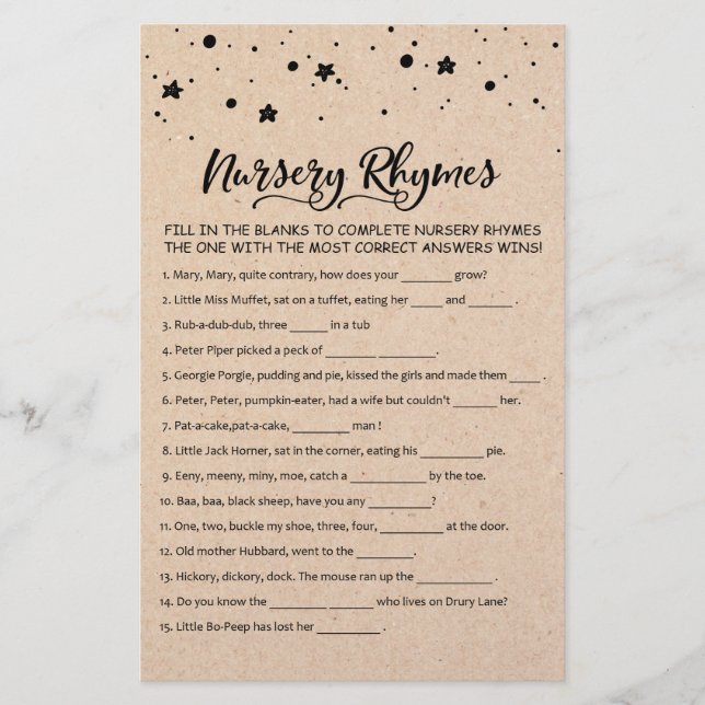 Papier Nursery Rhymes avec réponses Baby shower partie je (Devant)