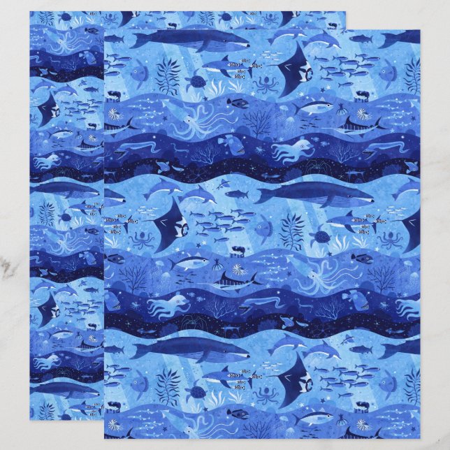 Papier Ocean Depth Zones - Marine Animals Scrapbook Paper (Devant / Derrière)