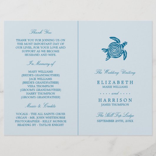 Papier Ocean Sea Turtle, Sea Blue Beach Wedding Program (Devant)