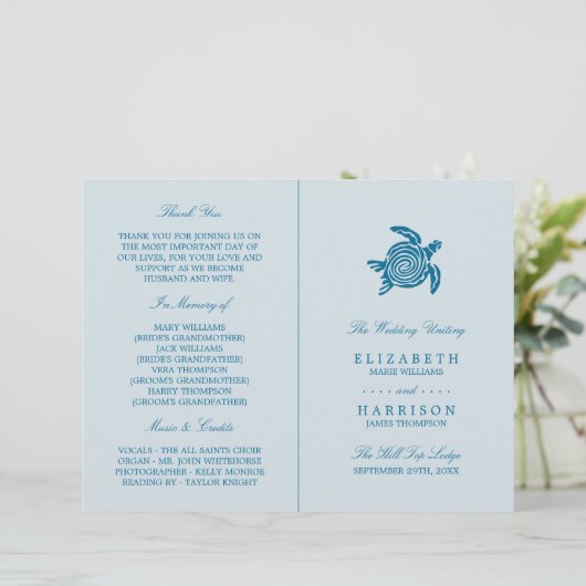 Papier Ocean Sea Turtle, Sea Blue Beach Wedding Program (Debout devant)