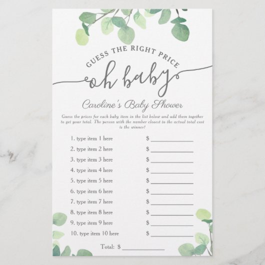 Papier Oh Baby Guess Prix Vert Baby shower Jeu (Devant)