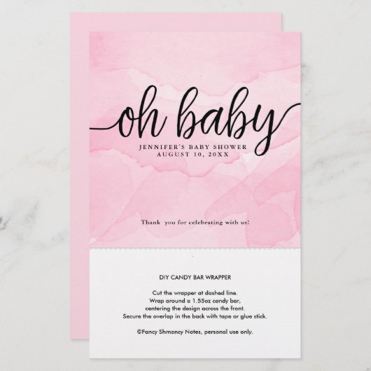 Papier Oh Bébé, Pink Personnalisé Candy Bar Wrapper (Devant / Derrière)