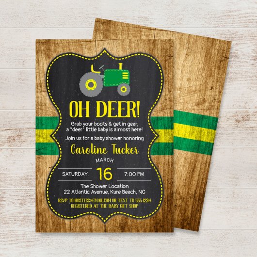 Papier Oh Deer Green Tractor Baby shower Invitation