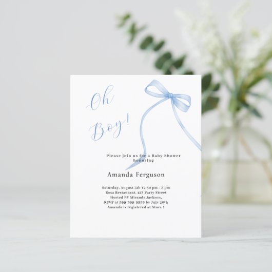 Papier Oh garçon bleu arc simple invitation Baby shower (Debout devant)