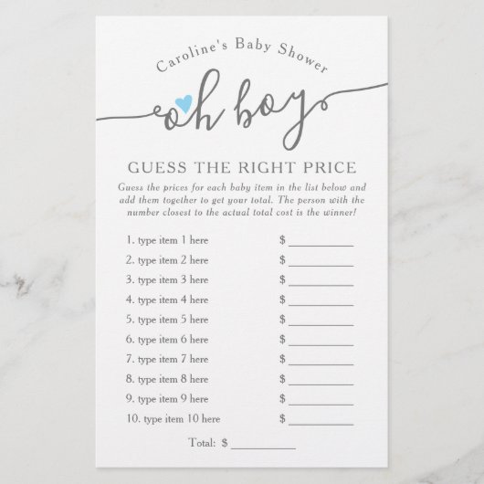 Papier Oh garçon Devinez le bon prix Baby shower bleu jeu (Devant)