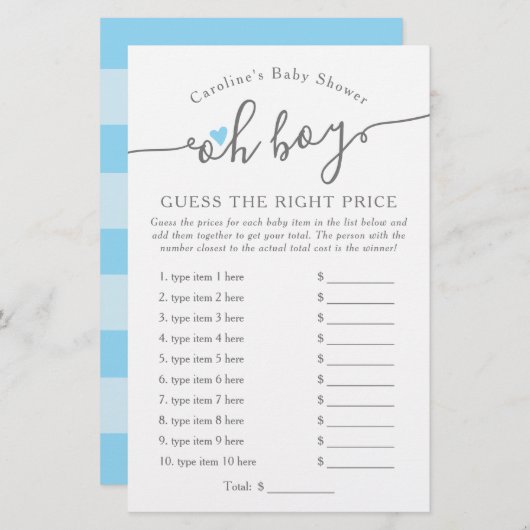 Papier Oh garçon Devinez le bon prix Baby shower bleu jeu (Devant / Derrière)