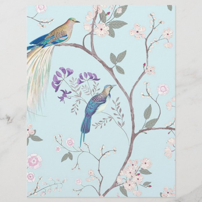 Papier Oiseaux bleus vintage et fleurs (Devant)
