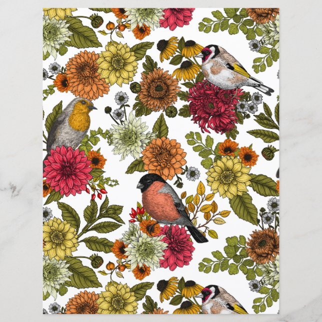 Papier Oiseaux de jardin et fleurs 1 (Devant)