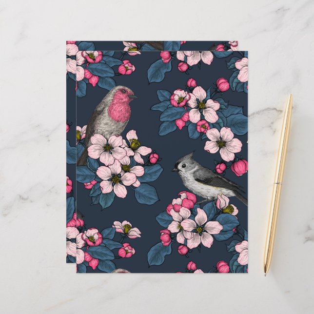 Papier Oiseaux et fleurs (Devant/Arrière en situation)