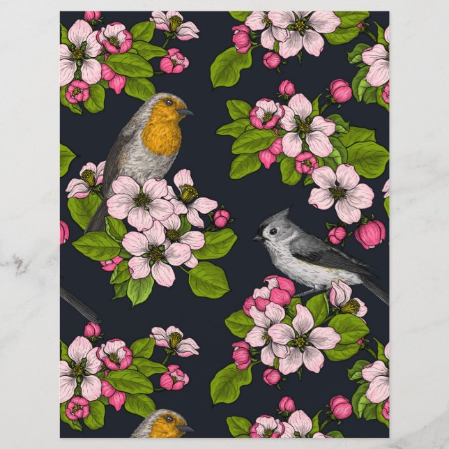 Papier Oiseaux et fleurs en noir (Devant)