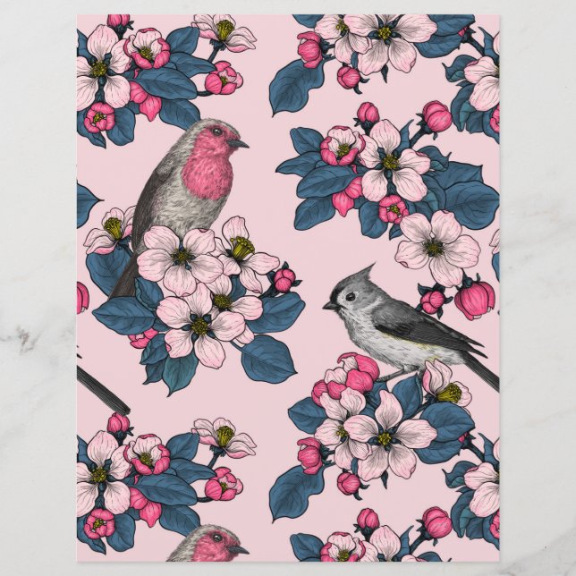 Papier Oiseaux et fleurs roses (Devant)