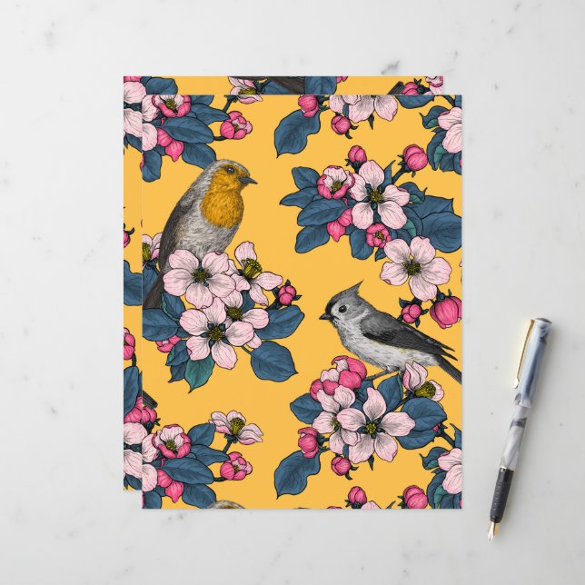 Papier Oiseaux et fleurs sur le jaune (Devant/Arrière en situation)