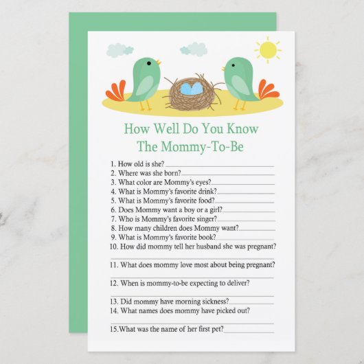 Papier Oiseaux et nids Connaissez-vous bien le baby showe (Devant / Derrière)