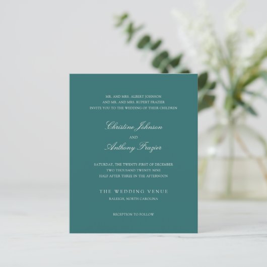 Papier Old Money Teal Classic Wedding Invite (Debout devant)
