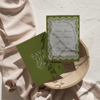 Papier Olijfgroen Kant Kleedje Oude Geld Huwelijk Save The Date