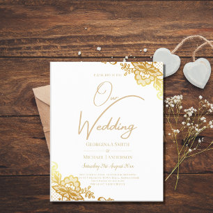 Papier Or dentelle blanche Faire-part de mariage classiqu