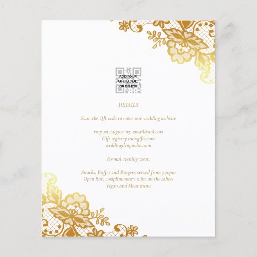 Papier Or dentelle blanche Faire-part de mariage élégant (Dos)