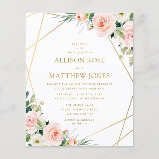 Papier or géométrique bleu rose floral invite mariage (Devant)