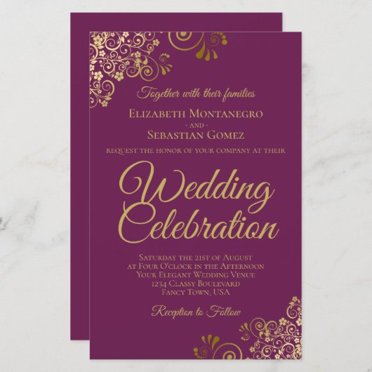 Papier Or Lace Magenta BUDGET Faire-part de mariage Grand (Devant / Derrière)