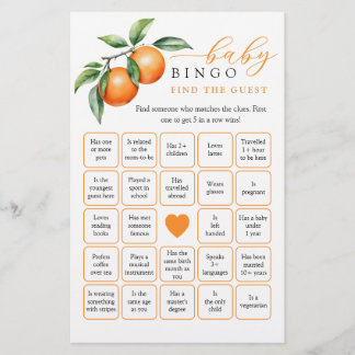 Papier Orange Baby shower Trouvez l'invité Bingo Game