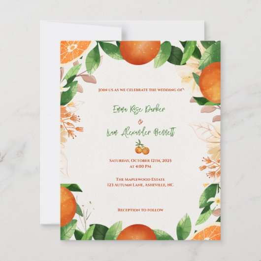 Papier Orange Botanique Faire-part de mariage de verger d (Devant)