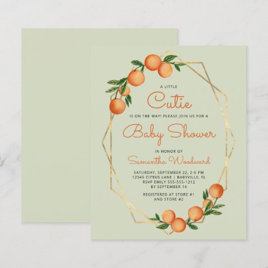 Papier Orange Little Cutie Green Baby shower Invitation (Devant / Derrière)