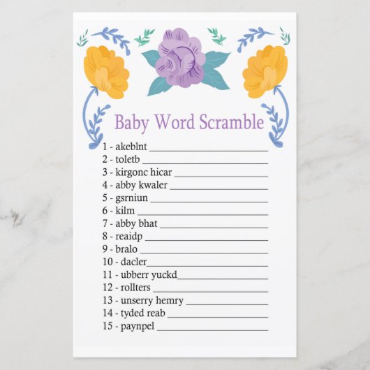 Papier Orange Purple Fleurs Baby word scramble jeu (Devant)