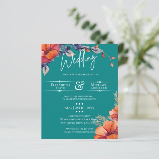 Papier Orange Turquoise de feu Mariage Rustique (Debout devant)